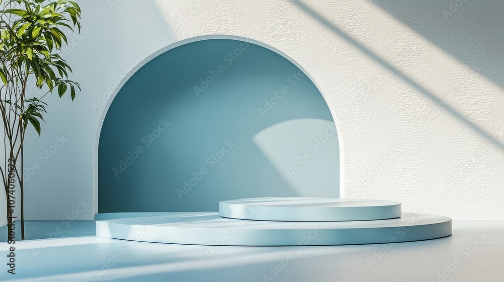 Poster minimalist abstract mockup of geometric podium with soft blue hues featuring a composition of shapes