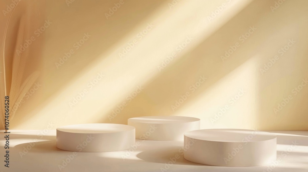 Poster simple minimalist composition of three white podiums for product presentation geometric shapes in 3d