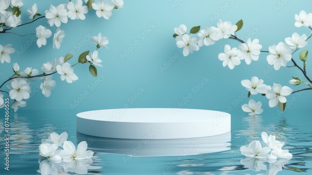 Poster white product display podium featuring water reflection and blooming flowers on a blue background 3d