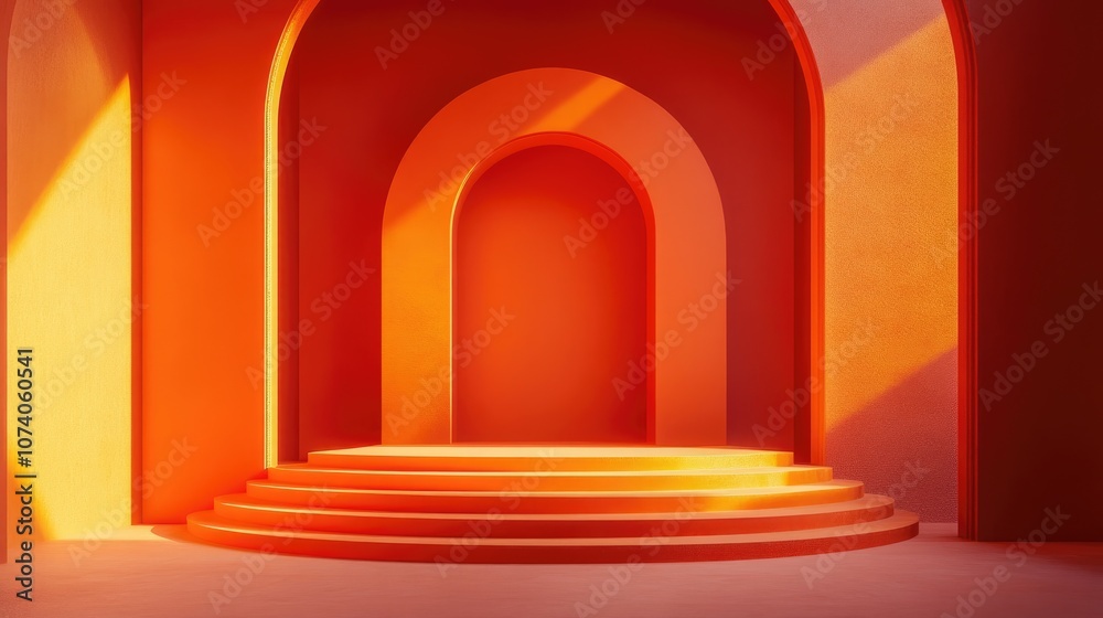 Poster Minimalistic background featuring a podium display with modern geometric shapes in orange ideal for showcasing concepts in a 3D rendered scene