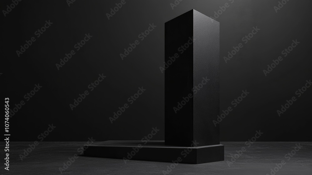 Poster 3D rendering of a black geometric display stand in a dark setting