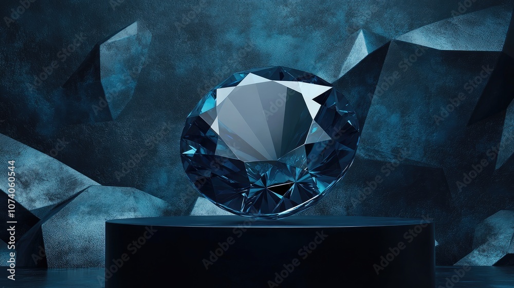 Poster abstract diamond gemstone displayed on a dark podium background 3d rendering