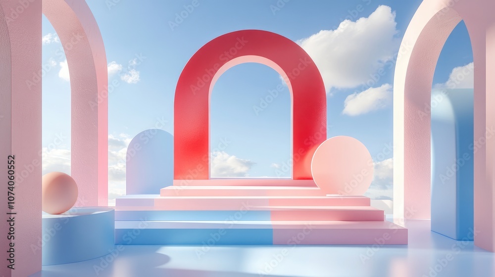 Poster geometric shapes against a sky blue pastel background create a modern display for minimalist mockups