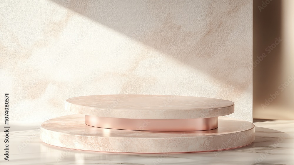 Poster Minimalist composition featuring a pink platform set on a marble podium Accented with pink metal details against a white abstract background Geometric shapes create a space for product display 3D 