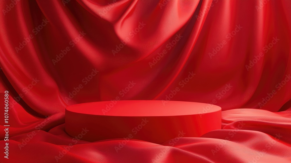Poster red podium on flowing red fabric elegant backdrop for branding and product showcase 3d rendered illu