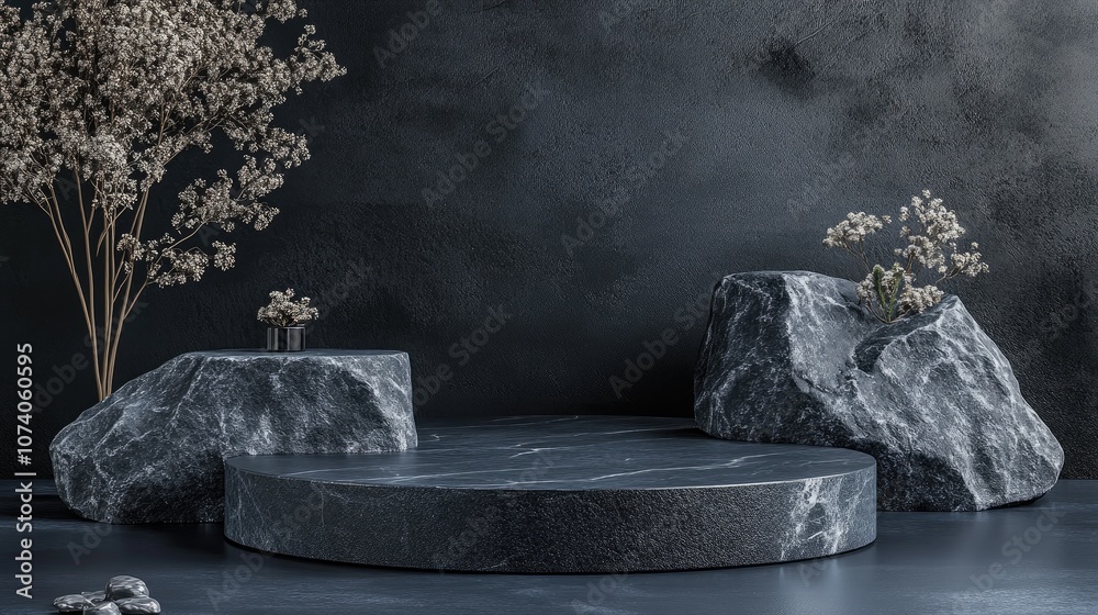 Poster 3d black stone podium for product display and packaging presentation mock up scene background for co