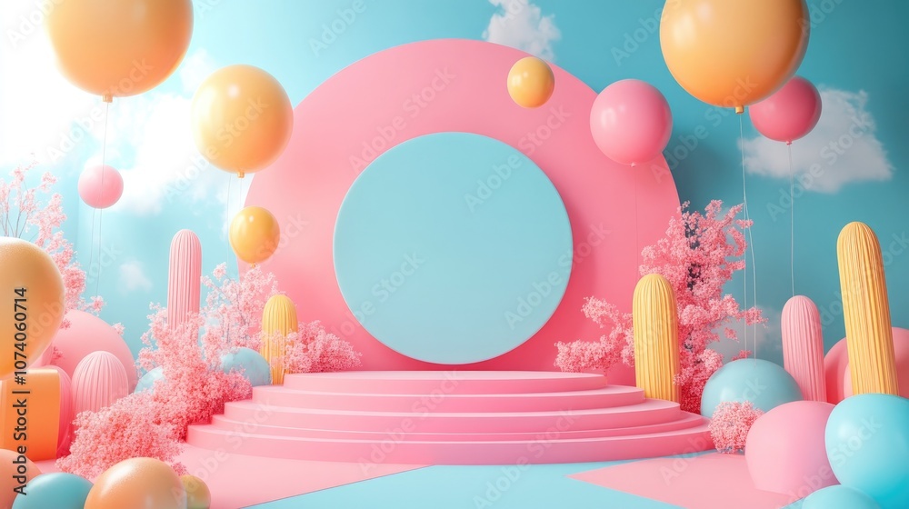 Aufkleber 3D rendering of an abstract square backdrop featuring a conceptual display scene for showcasing products or sales