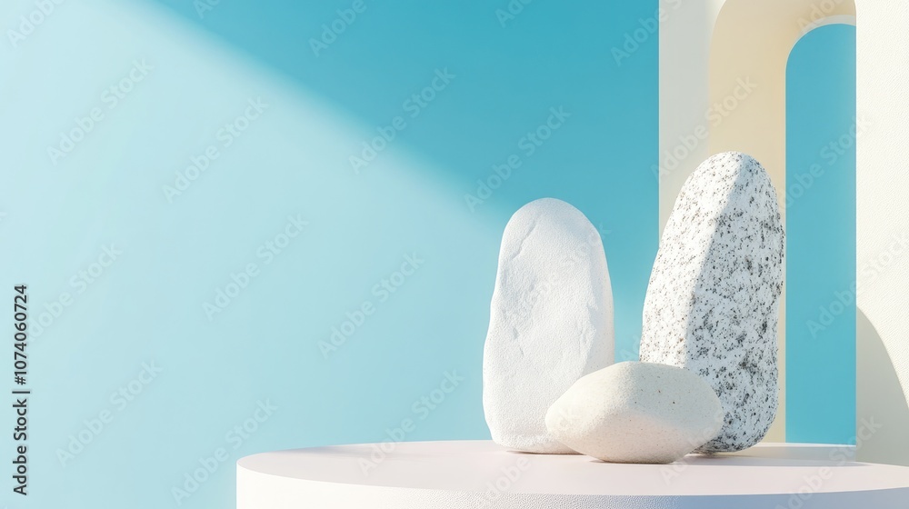 Poster geometric shapes against a sky blue pastel background create a modern display for minimalist mockups