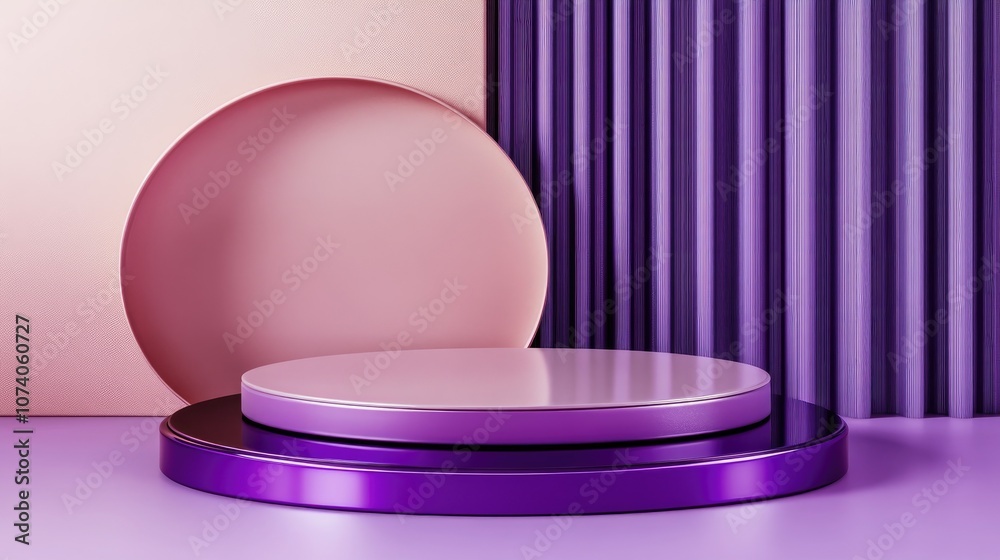 Poster glossy purple and pink podium with an abstract geometric background circular platform designed for s