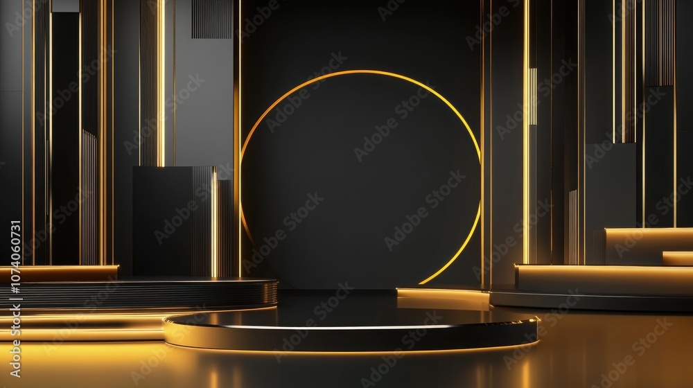 Poster 3d abstract shape and geometry in black and gold color stage mockup background