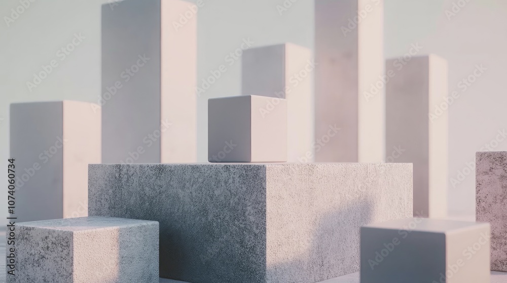 Poster Minimalist studio background featuring 3D gray and white cubes on a square podium Abstract geometric shape illustration rendering designed for showcasing cosmetic perfume or fashion products