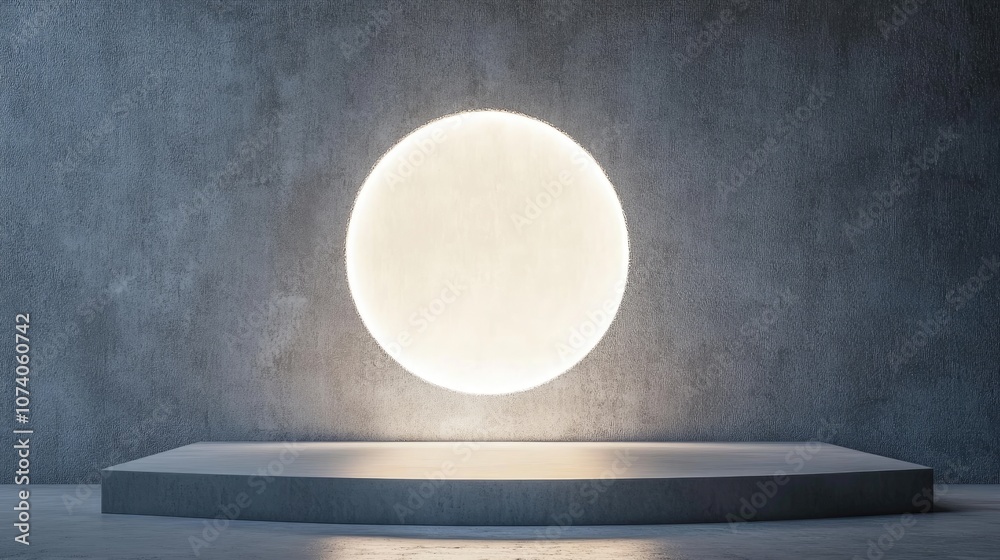 Aufkleber Abstract white light illuminating a textured wall background featuring a geometric shape 3D rendered design for product display on a website Mockup with a gray podium scene concept Empty showcase 