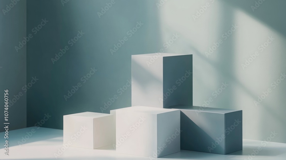 Poster Minimalist studio background featuring 3D gray and white cubes on a square podium Abstract geometric shape illustration rendering designed for showcasing cosmetic perfume or fashion products