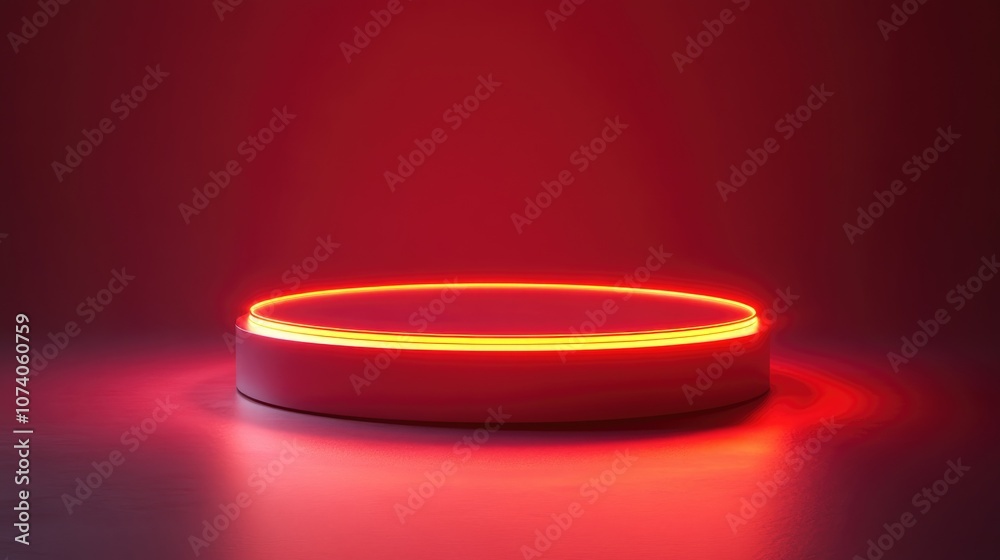 Poster Red realistic 3D cylinder podium with glowing neon circular design Abstract geometric rendering Minimalist scene for product display and showcase