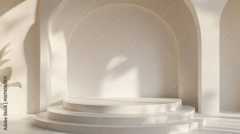Poster 3D white rendering of a podium in a minimal scene featuring an abstract background and geometric shapes in white Stand pedestal background for product display