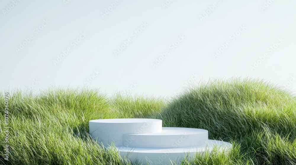 Leinwandbilder white step podium in a grassy field for product display set against a white background 3d rendering