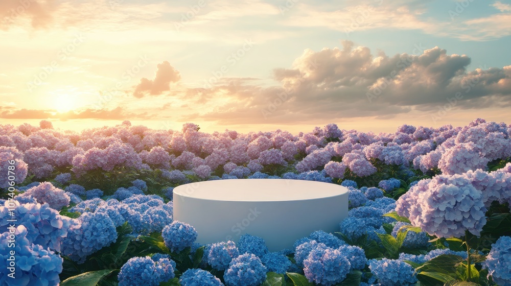 Poster natural beauty display podium surrounded by a hydrangea flower field 3d rendering