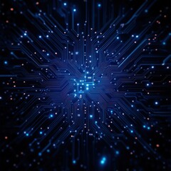Abstract blue circuit board pattern with glowing lights, representing digital technology.