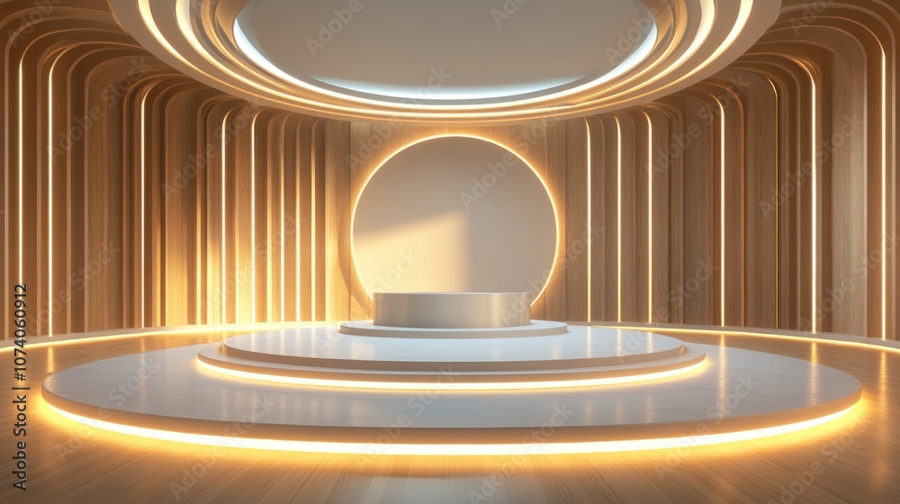 Aufkleber contemporary empty hall featuring a central podium and circular lighting concept of performance and 