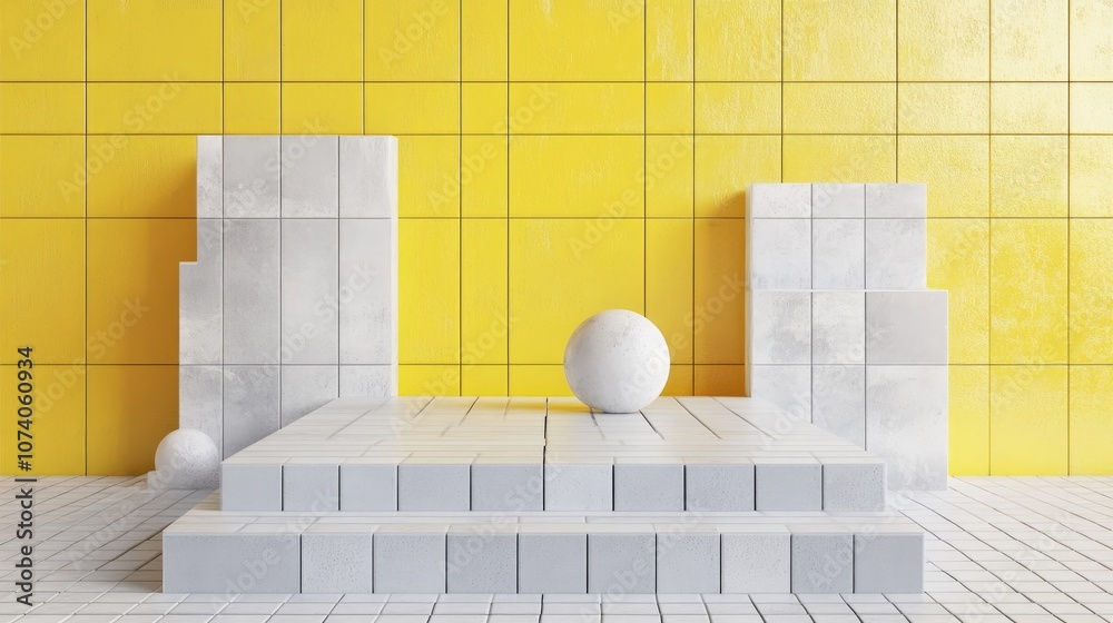 Poster 3d display podium featuring white and yellow tiled surface