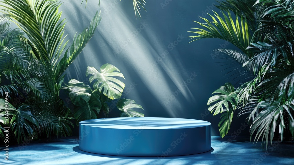 Aufkleber Blue platform with plants in the foreground and shaded foliage in the background creating an abstract setting for product presentation or advertising 3D rendering