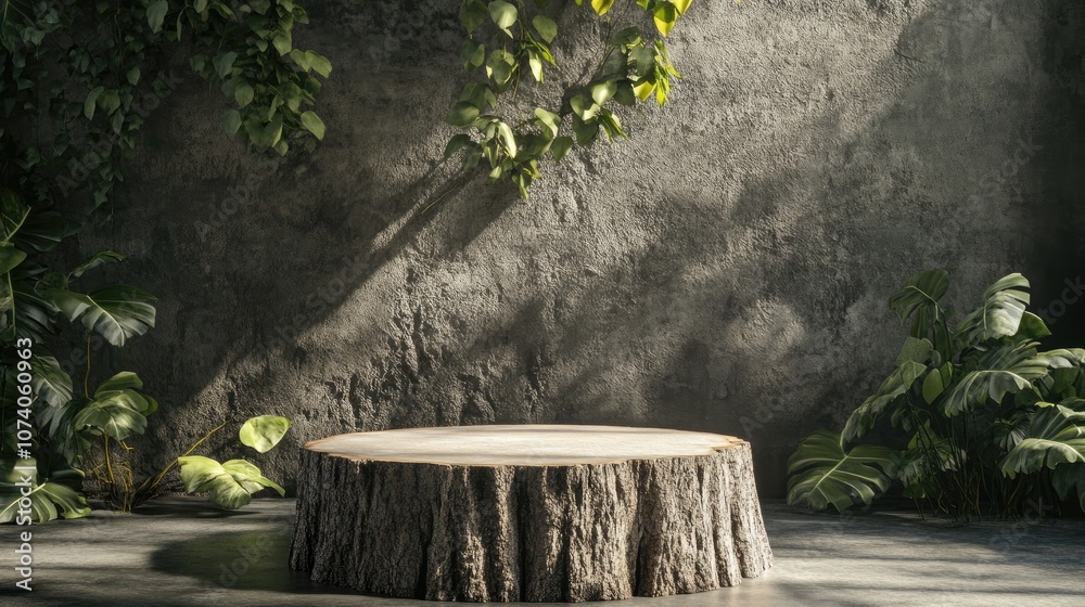 Aufkleber Podium backdrop featuring a tree trunk as a support embodying a nature theme 3D rendering
