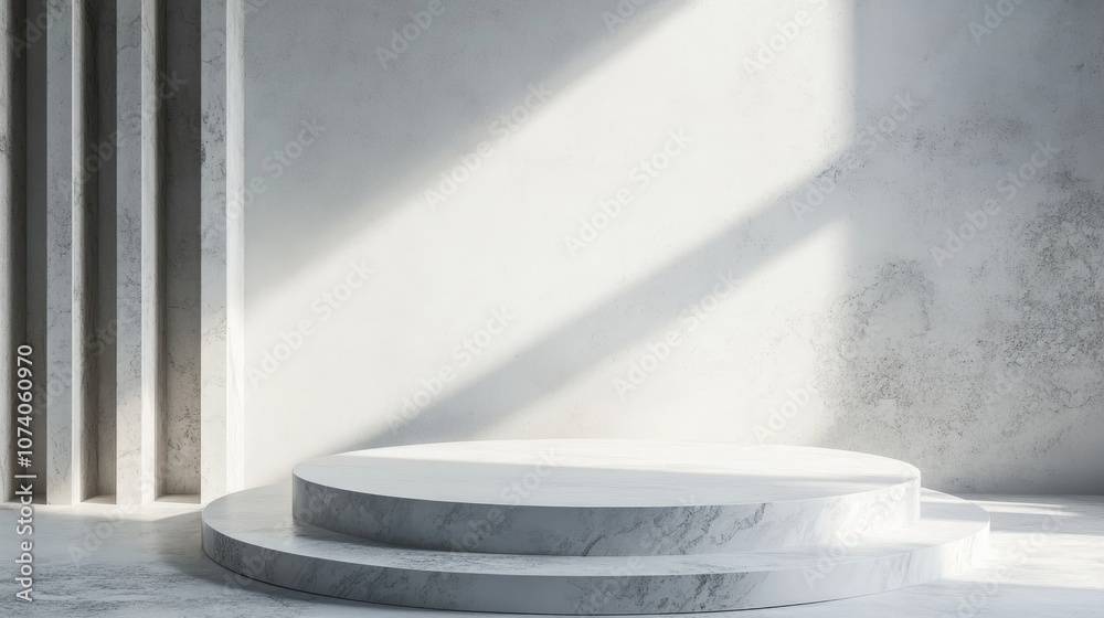 Poster 3D rendered background showcasing an elegant white and gray podium stand with a circular design for product mockups