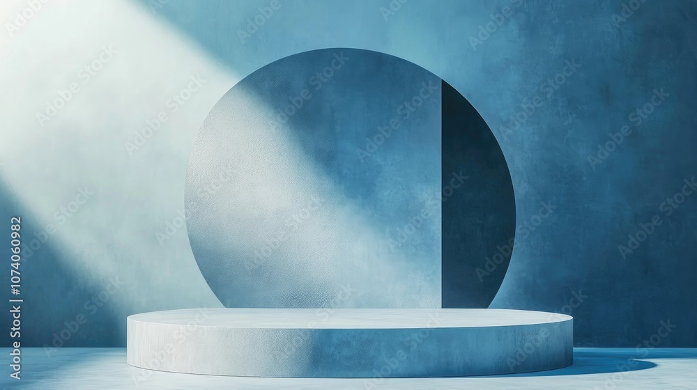 Poster Minimalist composition featuring a podium against an abstract backdrop Geometric shapes in classic blue hues 3D rendering of the scene with geometric forms and a blue background