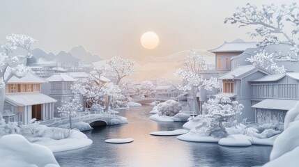 Jiangnan Serenity: A Hyper-Realistic Paper-Cut Winter's Dream