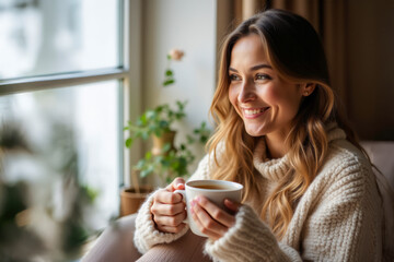 A happy woman in a cozy sweater holds a cup of tea while sitting by a window, enjoying a peaceful moment with natural light. Perfect for themes of relaxation, warmth, and comfort.