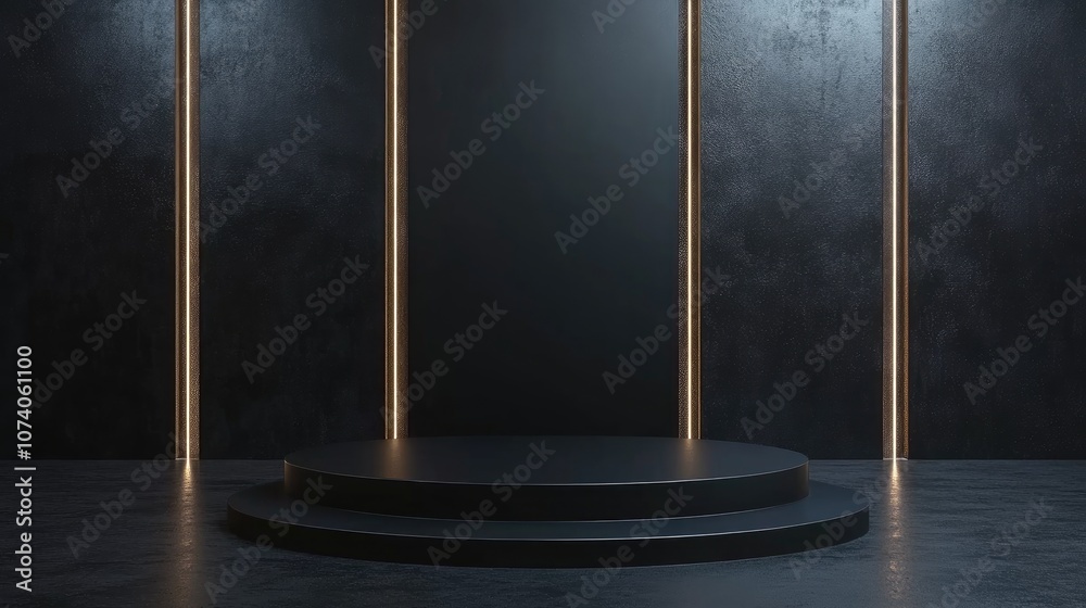 Aufkleber black podium with a black background featuring illuminated advertising display 3d rendering