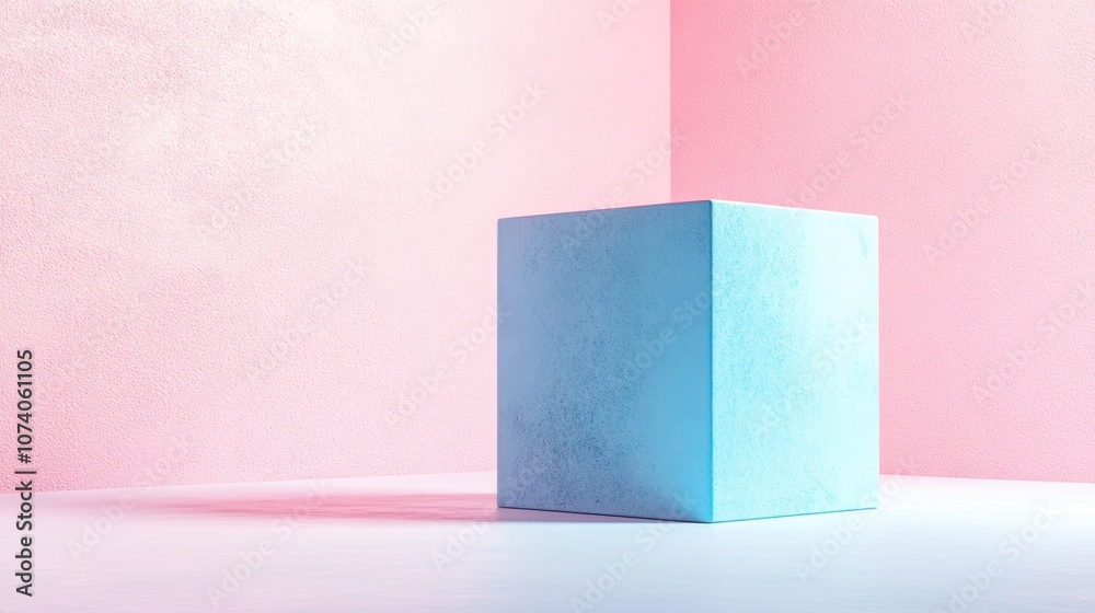 Poster minimalist summer concept featuring a blue cube against a pastel background 3d rendering