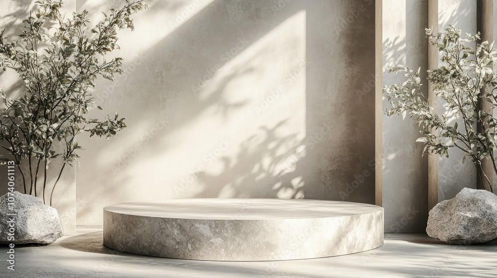 Poster Exhibition podium and stand set against a soft pastel architectural backdrop for high end products 3D render Subtle botanical elements with shadows and natural stone accents create a contemporary 