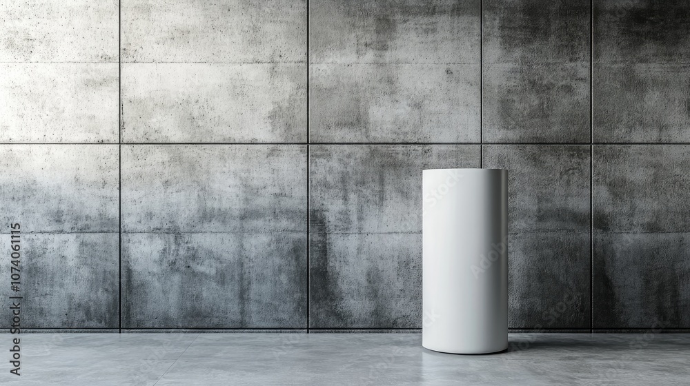 Poster product display stand with a cylindrical shape against a concrete wall 3d rendering
