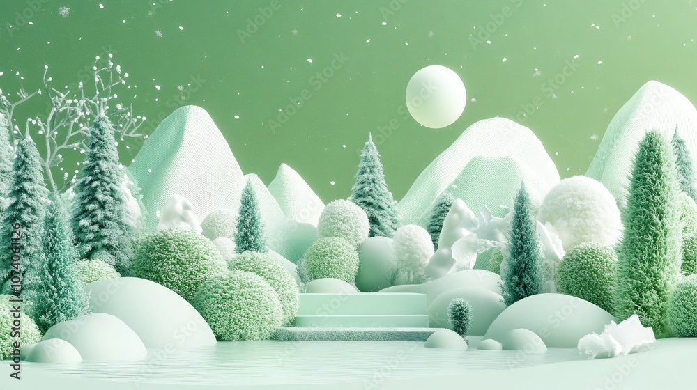 Poster Abstract 3D composition featuring a winter themed backdrop suitable for product presentation with a green color scheme