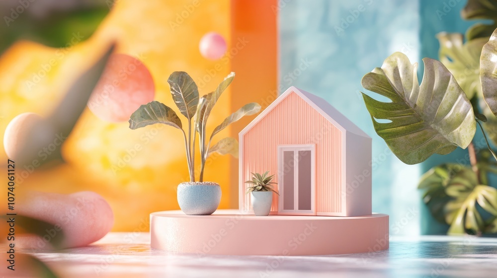 Poster 3D rendering and illustration of an abstract pastel color scene featuring a home model on a geometric podium representing the concept of staying at home during a pandemic