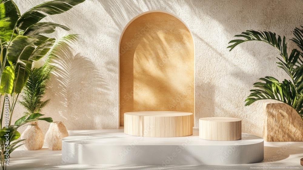 Poster 3d rendering of geometric semi circle shapes in a product stand featuring tropical and luxurious col