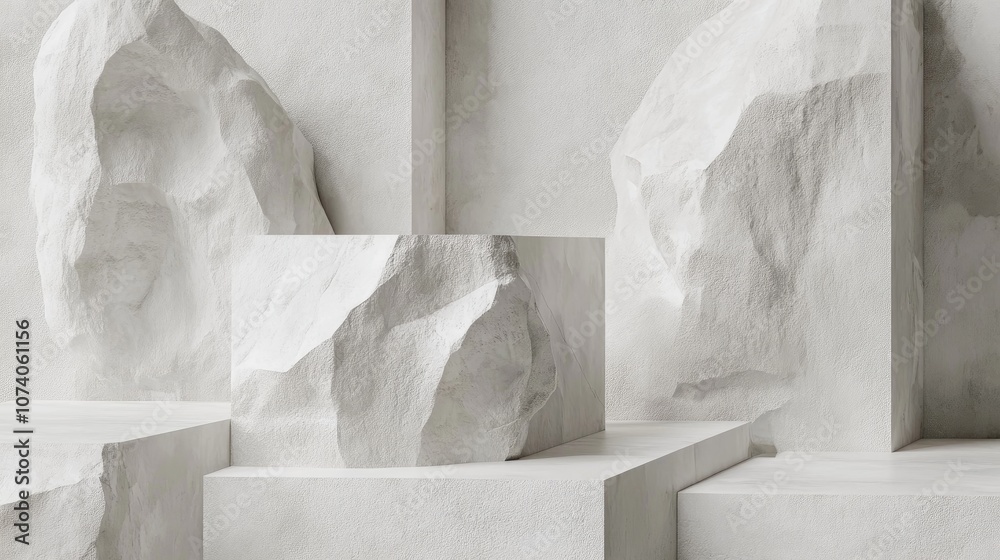 Leinwandbilder Minimalist geometric background featuring stone and rock shapes ideal for podium display or showcasing products Textured white stone slabs create a visually appealing backdrop rendered in 3D