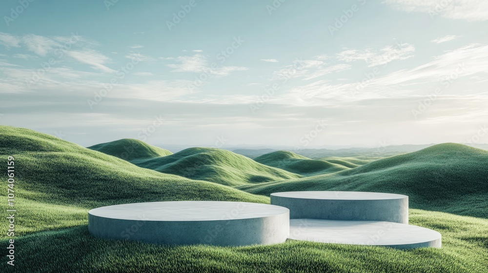Poster 3d render of an abstract panoramic background featuring a minimalist landscape with green hills and 