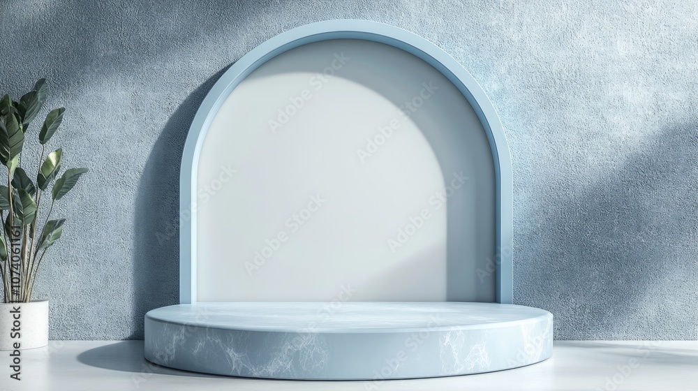 Poster 3d rendering of a blue podium against a matching background featuring a blank space for cosmetic and
