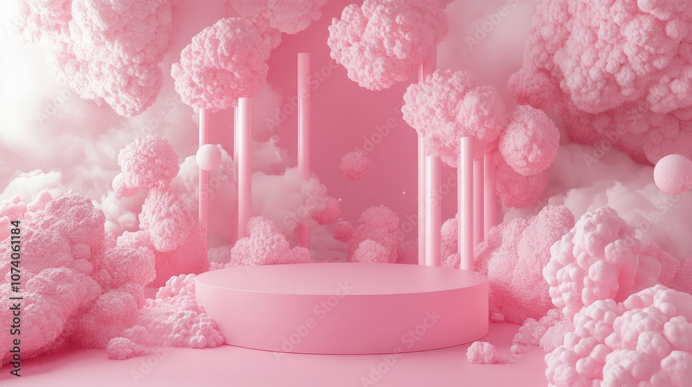 Poster Square pink backdrop featuring a pink pedestal and a minimalistic 3D abstract scene created through 3D rendering