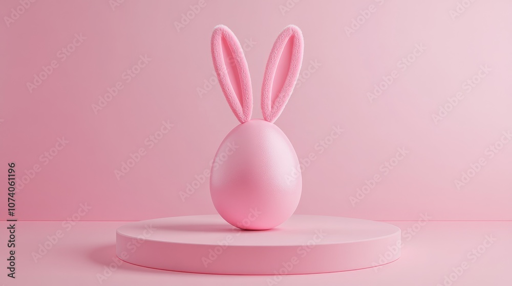 Aufkleber Easter egg with rabbit ears displayed on a circular pedestal against a pink background 3D rendering