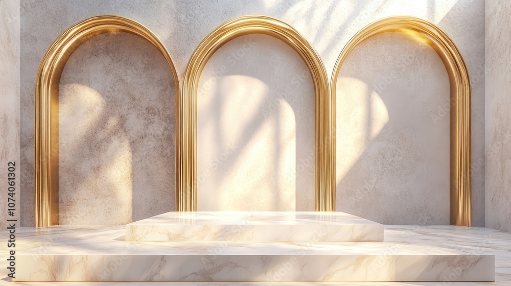 Poster Minimalist 3D rendering of a product display cube podium featuring elegant gold arches and golden lines against a light abstract background