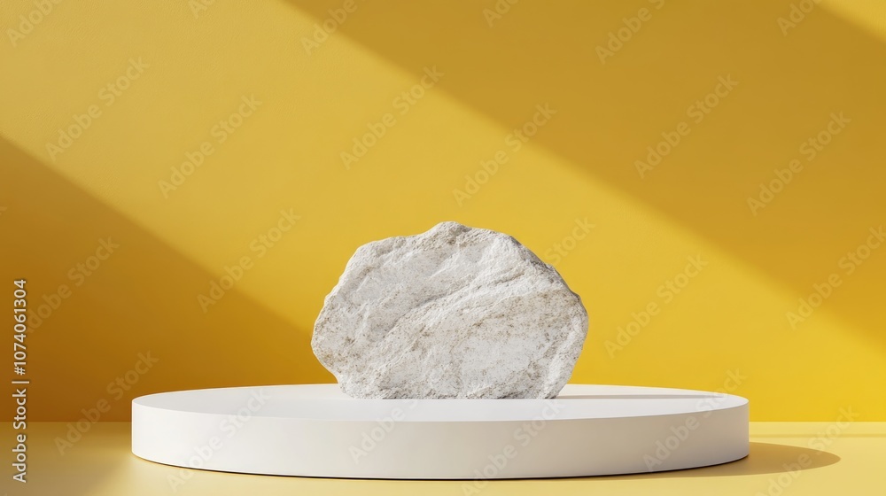 Poster 3D rendering of a white podium featuring a stone on a yellow backdrop Elegant minimalist setting for product showcase Circular white platform with a marble wall in a studio environment