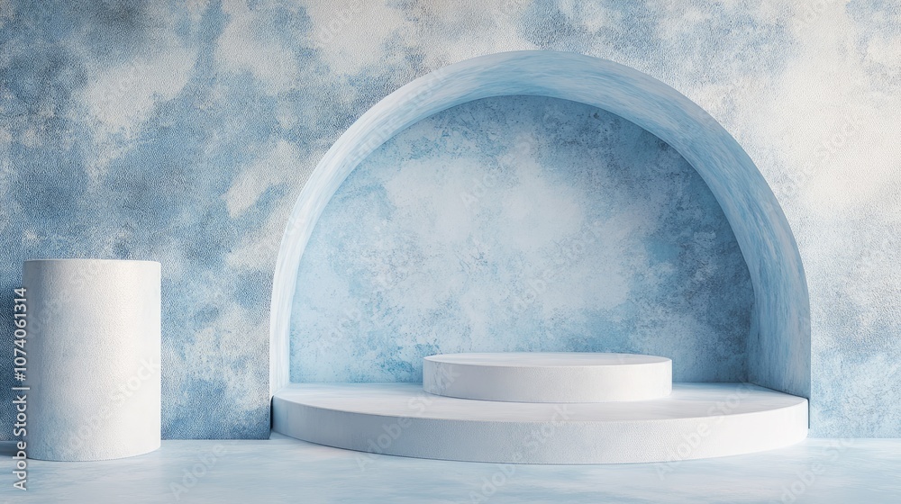 Poster Minimalistic podium with an abstract backdrop in soft blue pastel hues 3D rendering
