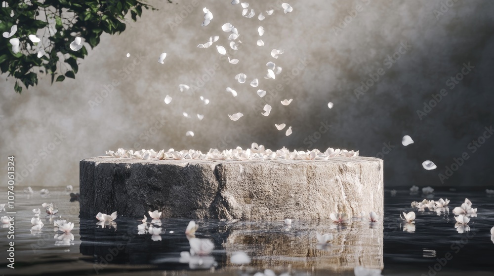 Aufkleber 3d rendering of a stone podium with petals cascading down onto a water surface