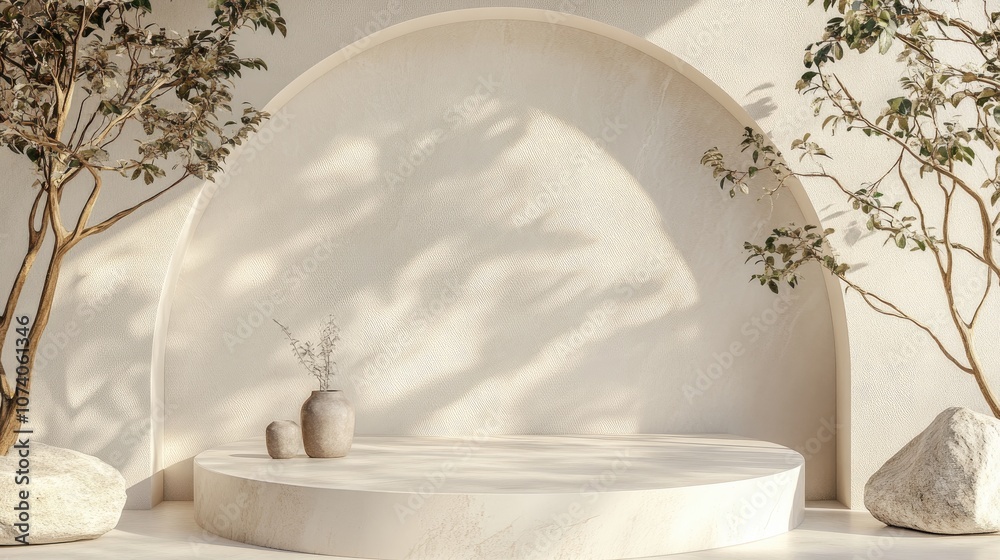 Poster Exhibition podium and stand set against a soft pastel architectural backdrop for high end products 3D render Subtle botanical elements with shadows and natural stone accents create a contemporary 