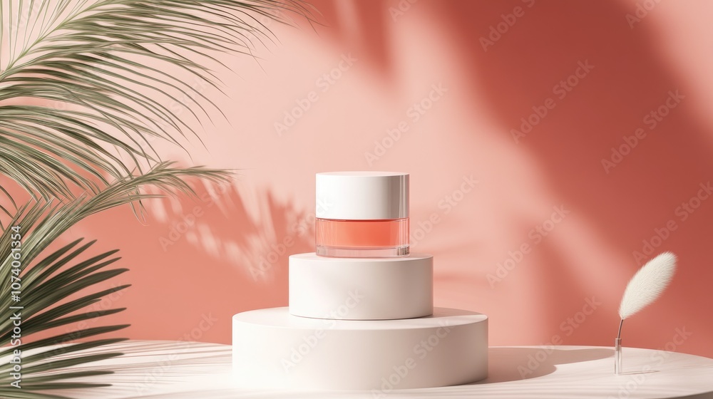 Poster 3D rendering of a background podium and display stand featuring an abstract minimal scene with geometric forms showcasing calming coral and white colored cylindrical glass elements designed for co
