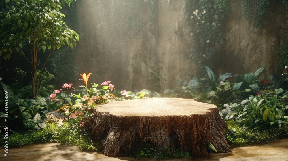Poster Podium backdrop featuring a tree trunk as a support embodying a nature theme 3D rendering