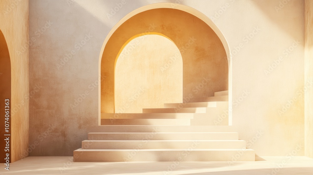 Poster Studio featuring geometric shapes and an arched staircase with steps designed as a podium or showcase against a soft pastel backdrop for high end products 3D render Modern and elegant graphic desi